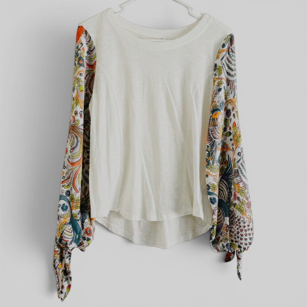 maybelle bird peacock tie sleeve cotton boho crew blouse medium by anthropologie - Picture 1 of 7